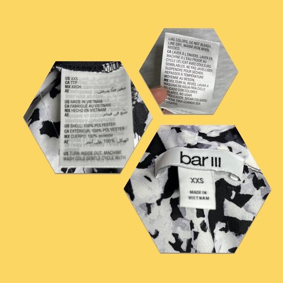 A9). Bar Iii Tie Neck Printed Blouse Black White XXS - Picture 13 of 15